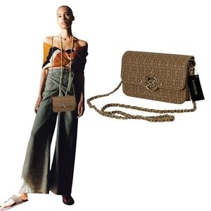 Bebe Womens Crossbody Bag brown Logo almond tan Gold charm kira shoulder